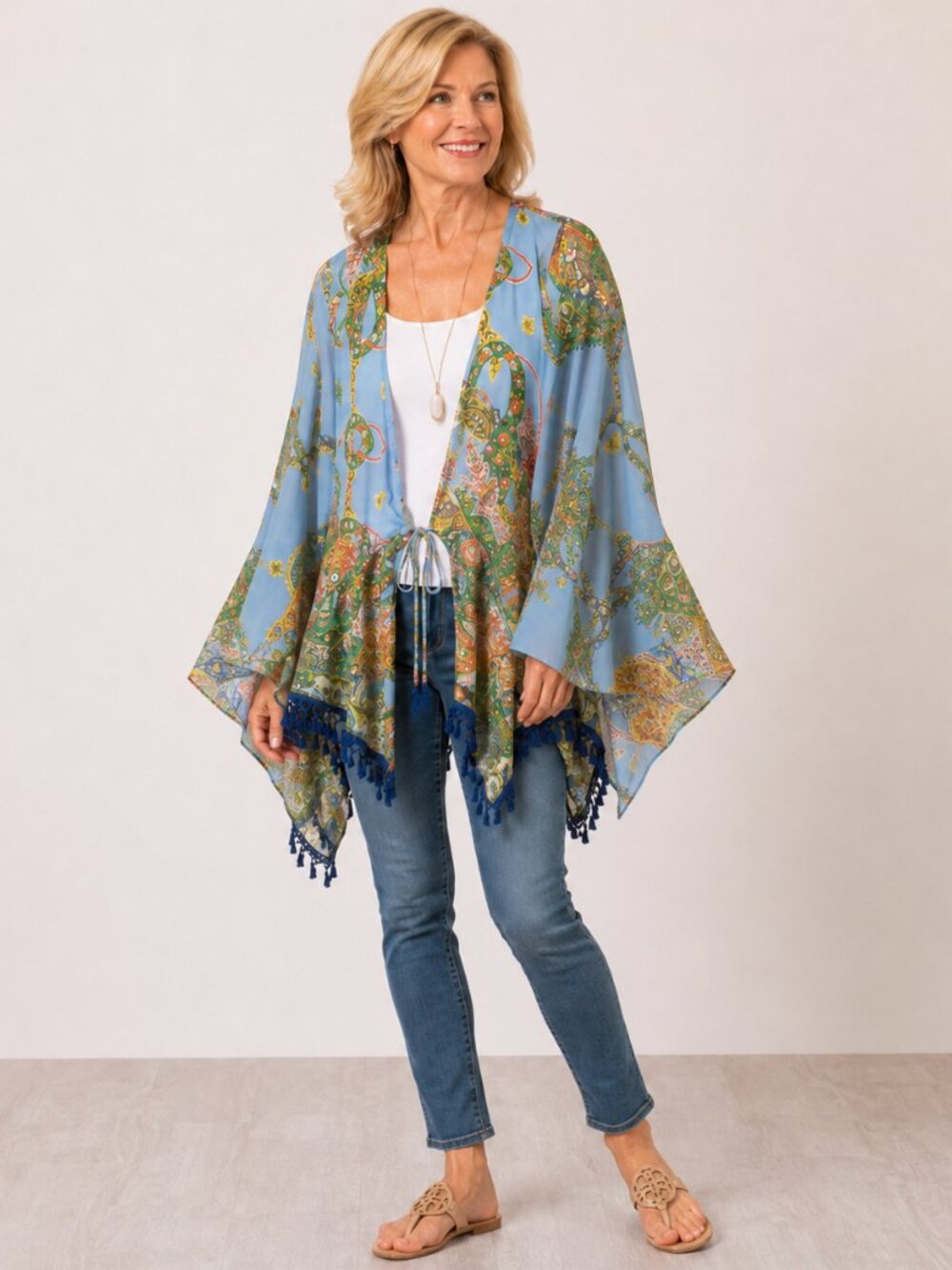 Umgee Floral Paisley Handkerchief Sleeve Tassel Hem Kimono Layer Piece Sz 1XL